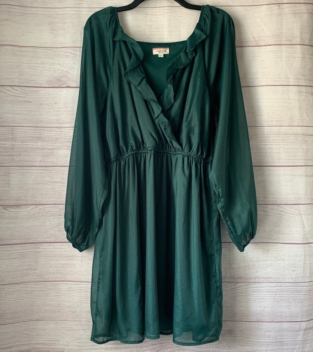 Andree by Unit Shimmery Forest Green Dress Sheer Long Sleeves Ruffle Size L